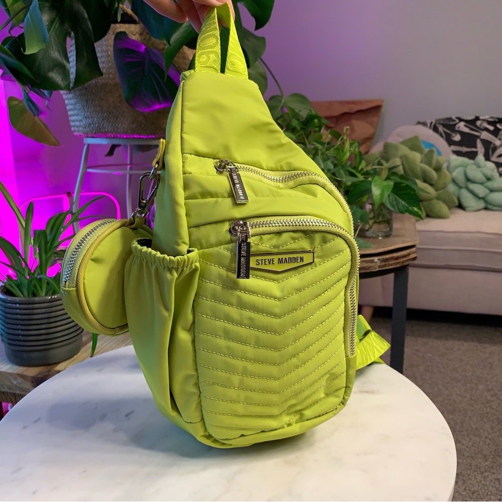 Steve Madden Baurora Nylon Quilted Sling Backpack w/ Earbud Case in Citron, O/S